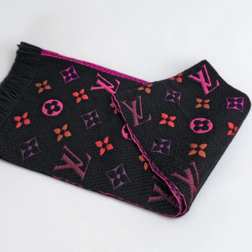 Louis Vuitton Echarpe Logomania Rainbow Wool Silk Scarf Black Pink